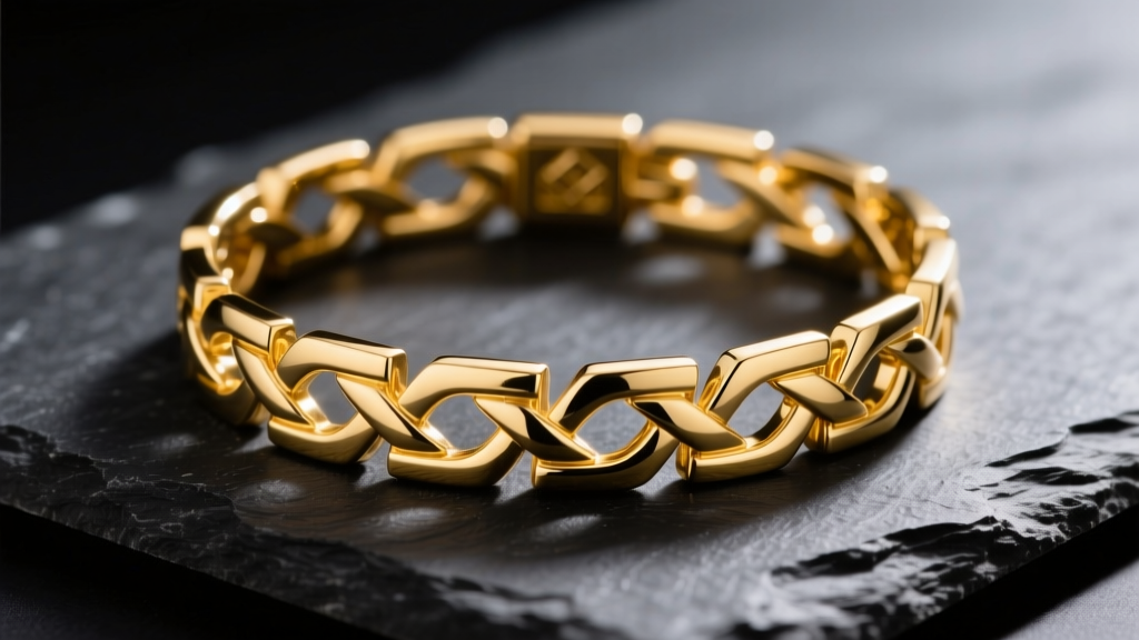 Close-up of an 18k yellow gold Greek key bracelet with a box clasp on dark slate, highlighting sharp 90-degree geometric corners.