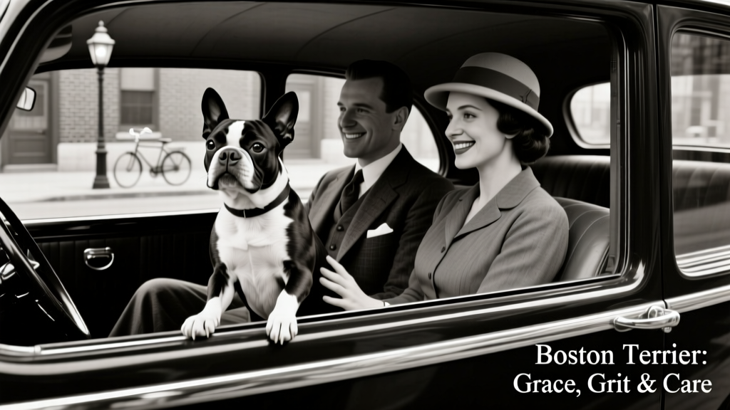 Historic black-and-white photo of a 1920s Boston terrier sitting on a car passenger seat beside two people