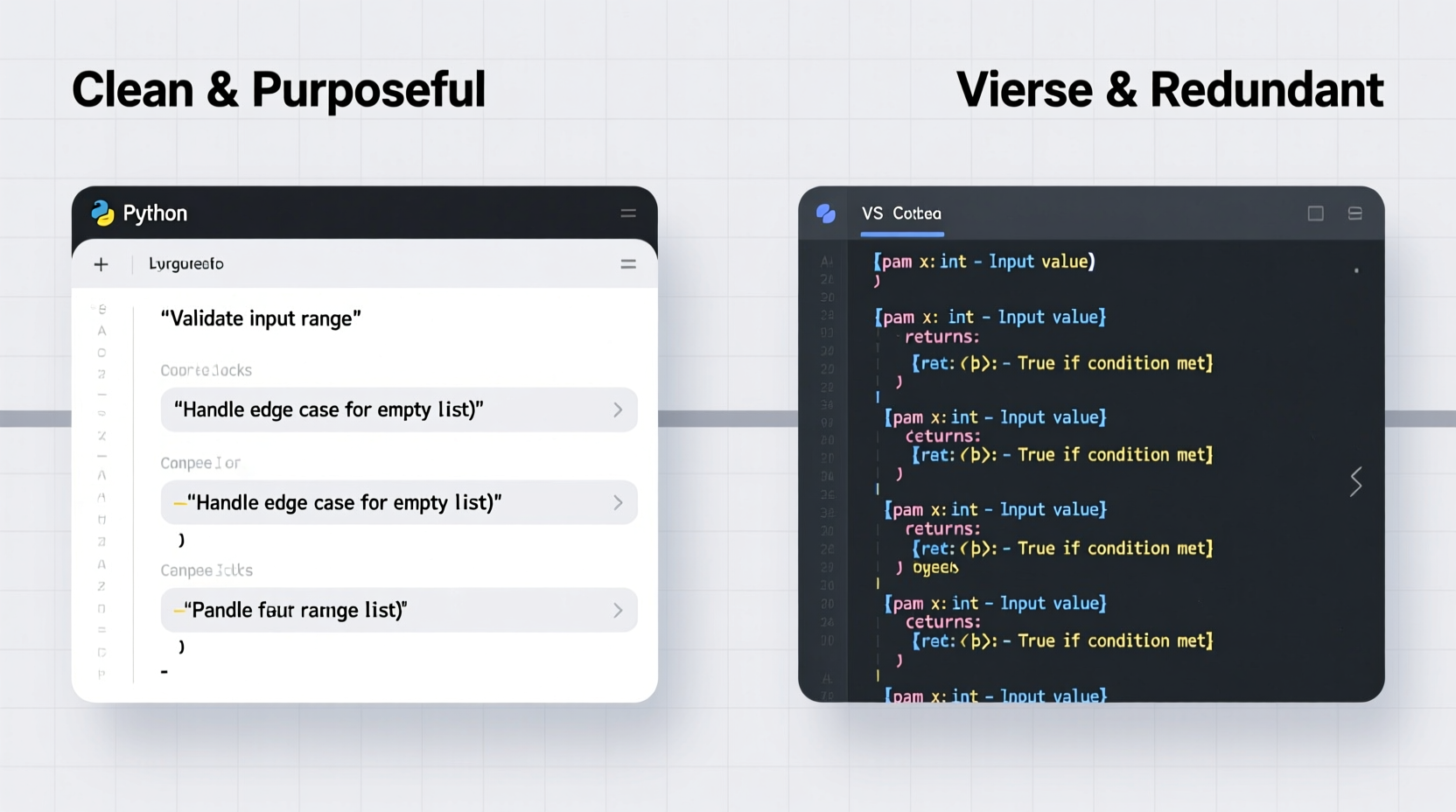 Side-by-side comparison showing a clean Python function with minimal, purposeful AI-generated comments above key logic blocks versus the same function buried under a verbose, templated docstring that repeats variable names and types