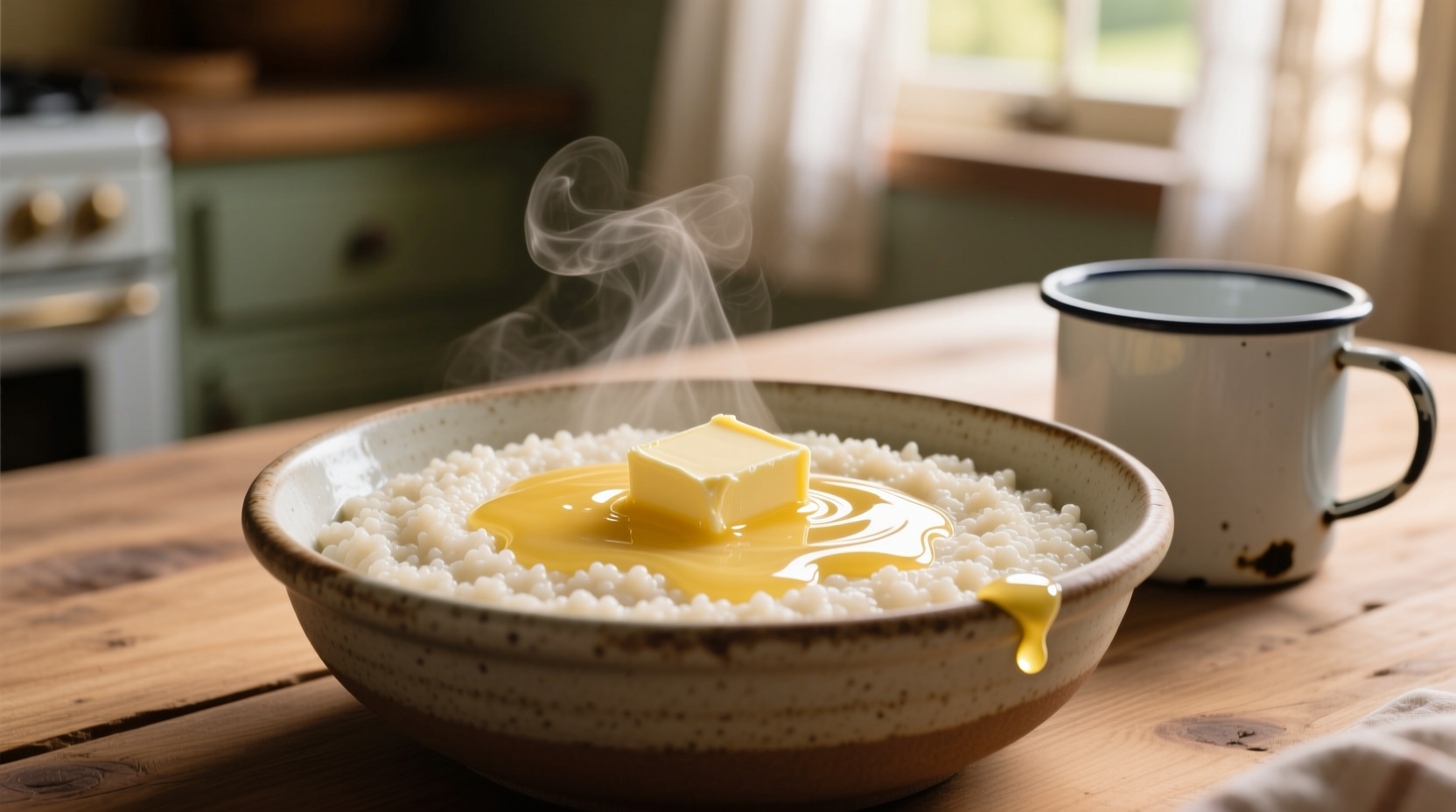 Creamy white grits in a bowl with butter melting on top