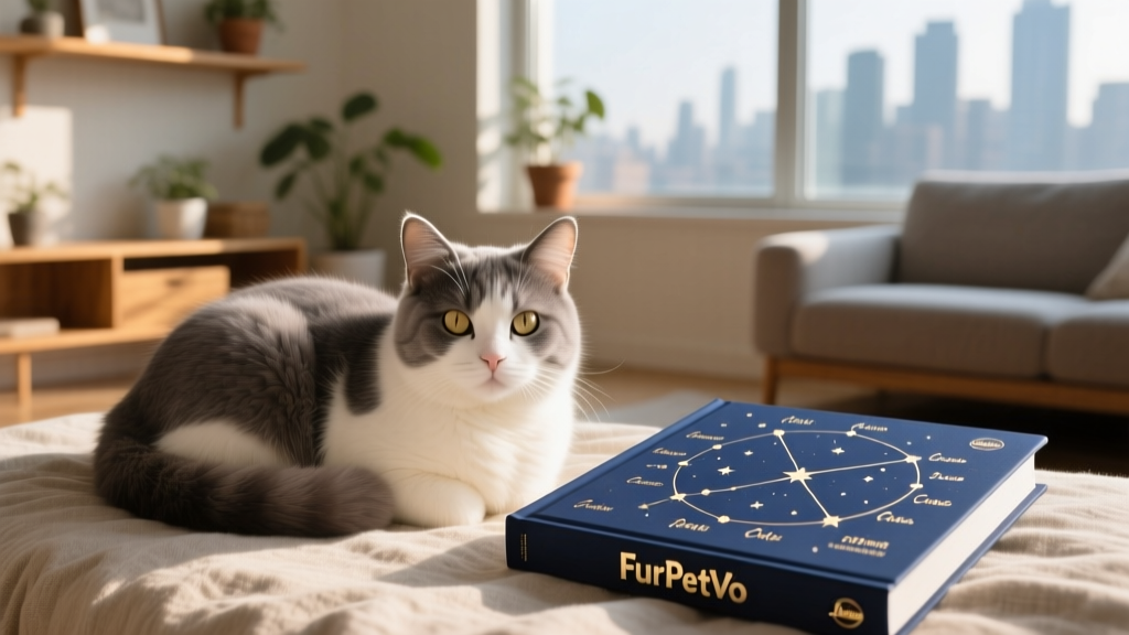 A fluffy gray-and-white cat curled up next to a FurPetVo-branded astronomy book and star chart