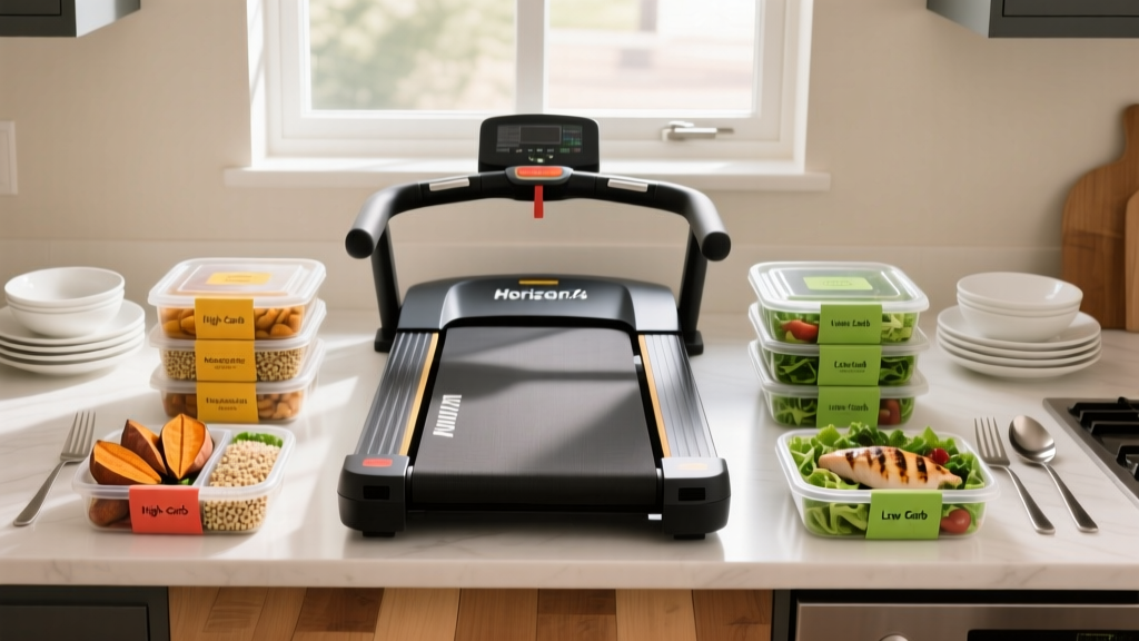Weekly meal prep containers with high-carb and low-carb options arranged next to a folded Horizon 7.4 AT treadmill