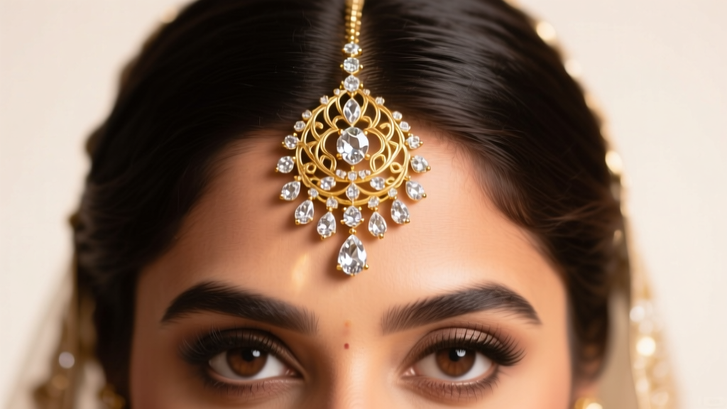 Close-up of a bride wearing an intricate gold and uncut diamond Polki maang tikka resting on her hair parting, soft studio light