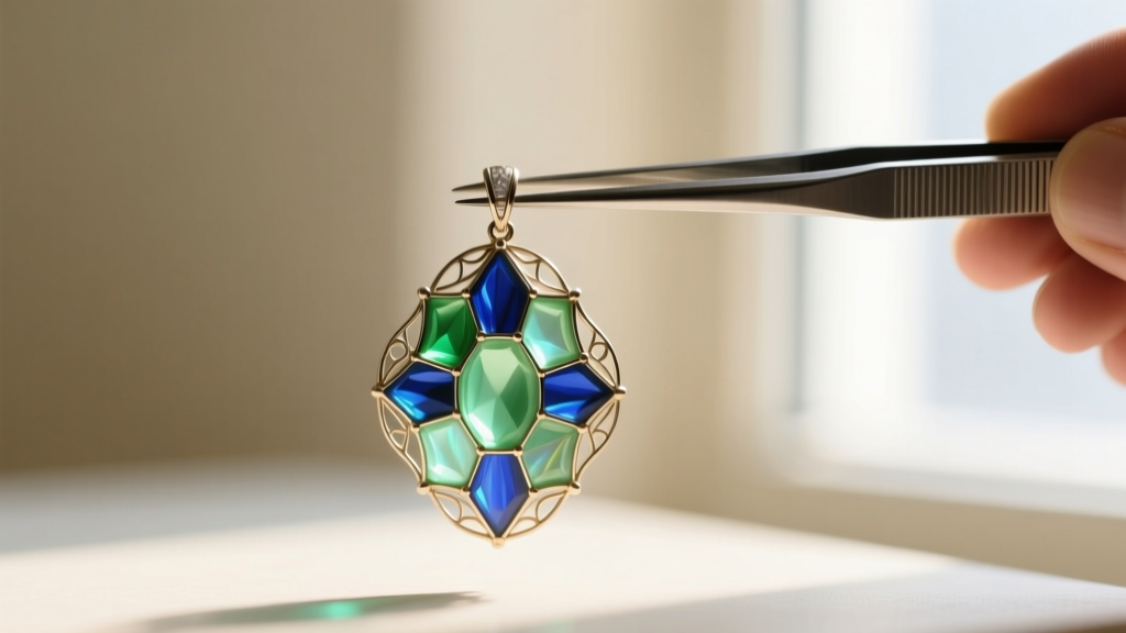 Macro shot of plique-a-jour enamel pendant glowing with translucent green and blue glass, held firmly by steel jeweler tweezers.
