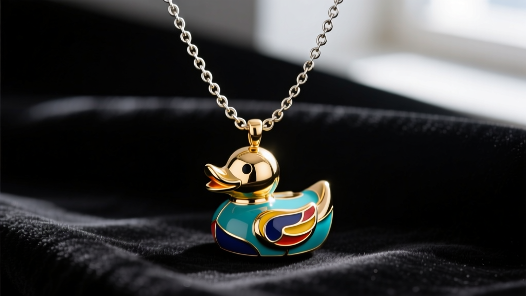 Brass and enamel rubber duck necklace hanging from a steel rolo chain, photographed on dark velvet fabric in close-up detail.