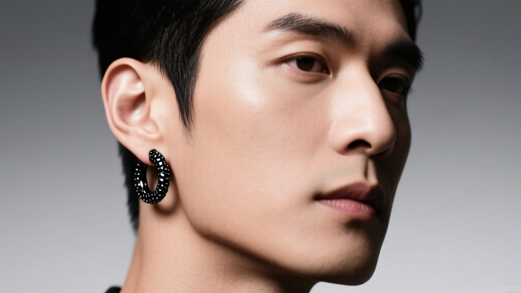 Portrait of a man wearing a matte black zirconium huggie earring in his lobe, studio lighting highlighting the dark metal texture.