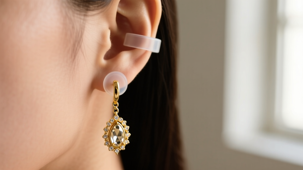 Gold vermeil drop earring supported by a clear silicone ear lifter pad behind the earlobe to prevent sagging, soft indoor macro