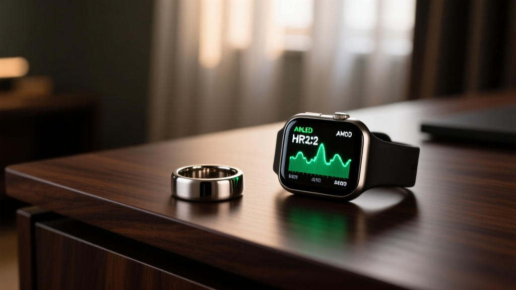 A sleek titanium smart ring resting on a dark wooden desk next to a glowing AMOLED smartwatch displaying HRV metrics in a dimly lit room.