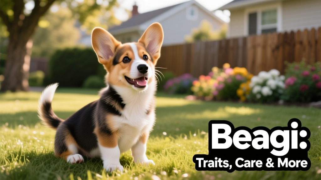 A playful Beagi puppy sitting on grass, ears perked and tail wagging