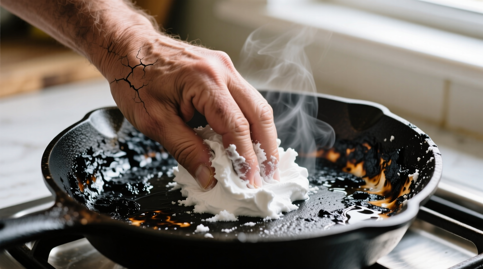 Hand scrubbing burnt pan with baking soda paste