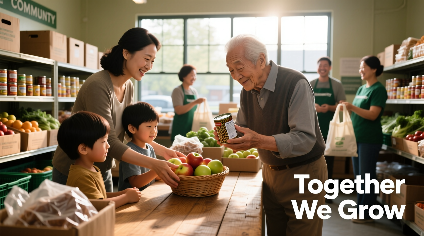 Family examining food options at community pantry