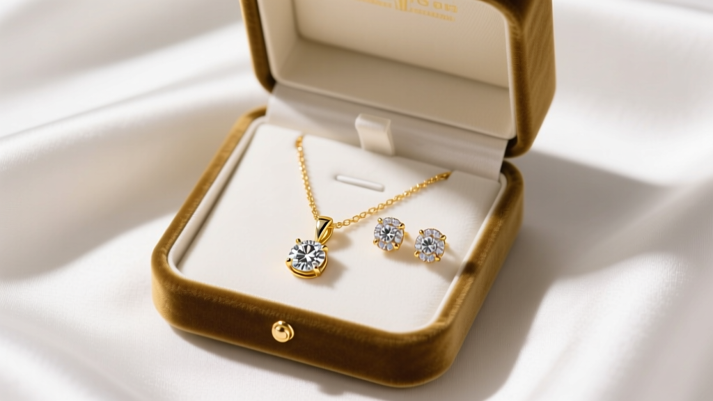 Open velvet box displaying a matching 14k yellow gold diamond pendant necklace and stud earrings resting on white silk fabric.