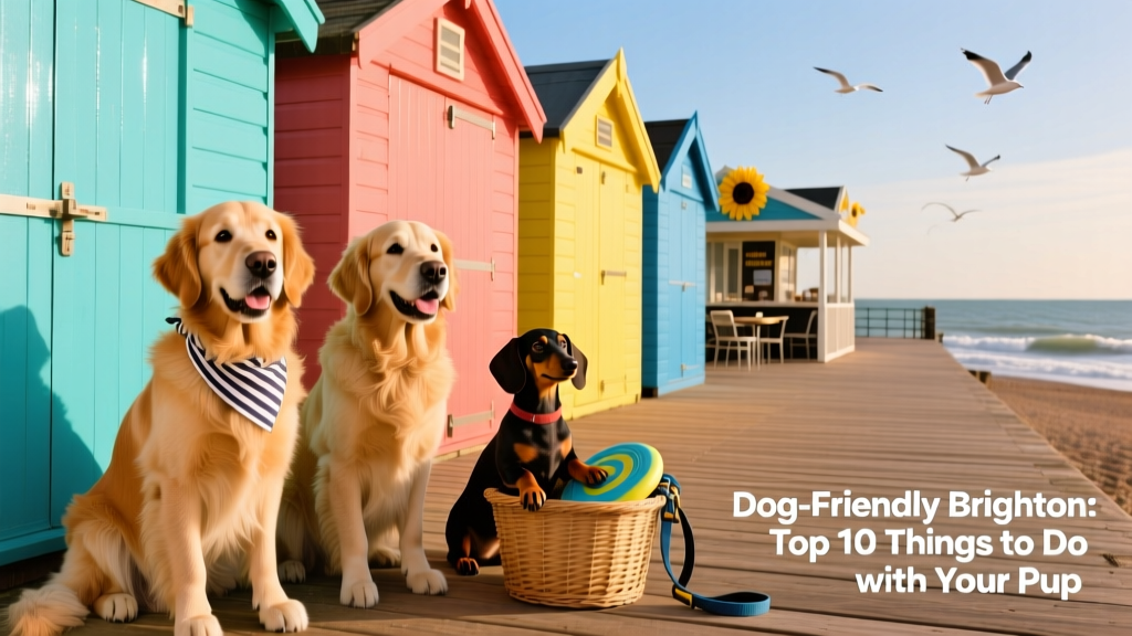 Dogs sitting outside colorful Brighton beach huts with seaside backdrop