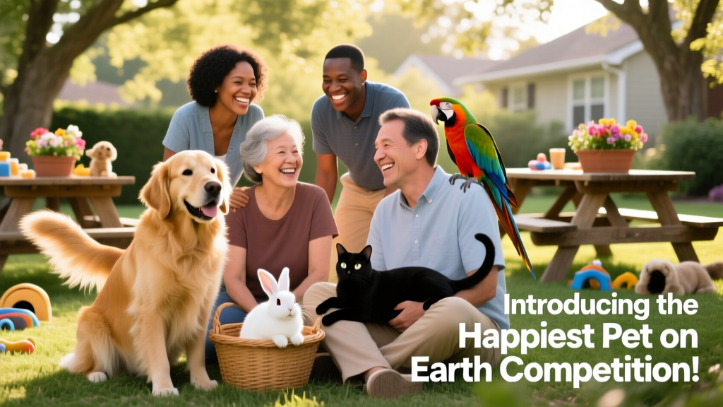 A diverse group of pet owners smiling alongside their dogs, cats, rabbits, and birds during a sunny outdoor gathering