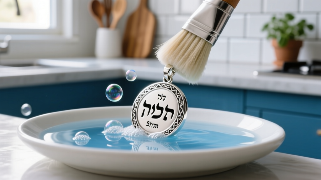 Soft-bristled brush gently scrubbing Hebrew lettering on a sterling silver Shema pendant submerged in mild warm soapy water.