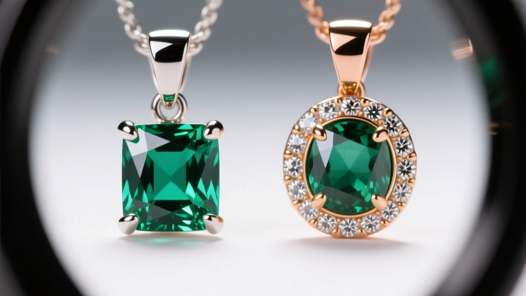 Loupe view comparing a four-prong and full bezel setting on 0.25ct emerald pendants, highlighting the metal coverage differences.