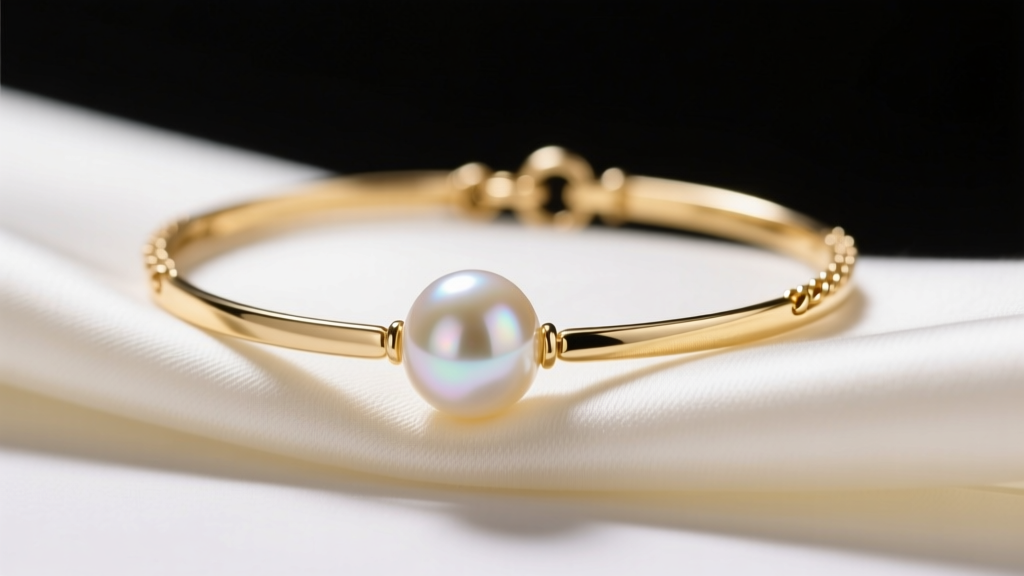 Close-up of a 14k solid gold and 7mm Akoya pearl choker necklace on ivory silk, soft studio lighting highlighting the pearl luster