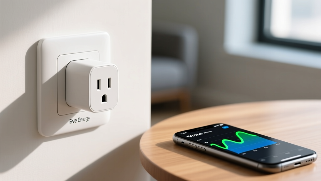 Close-up of an Eve Energy smart plug inserted into a white wall outlet, with a smartphone nearby displaying real-time wattage usage graphs.