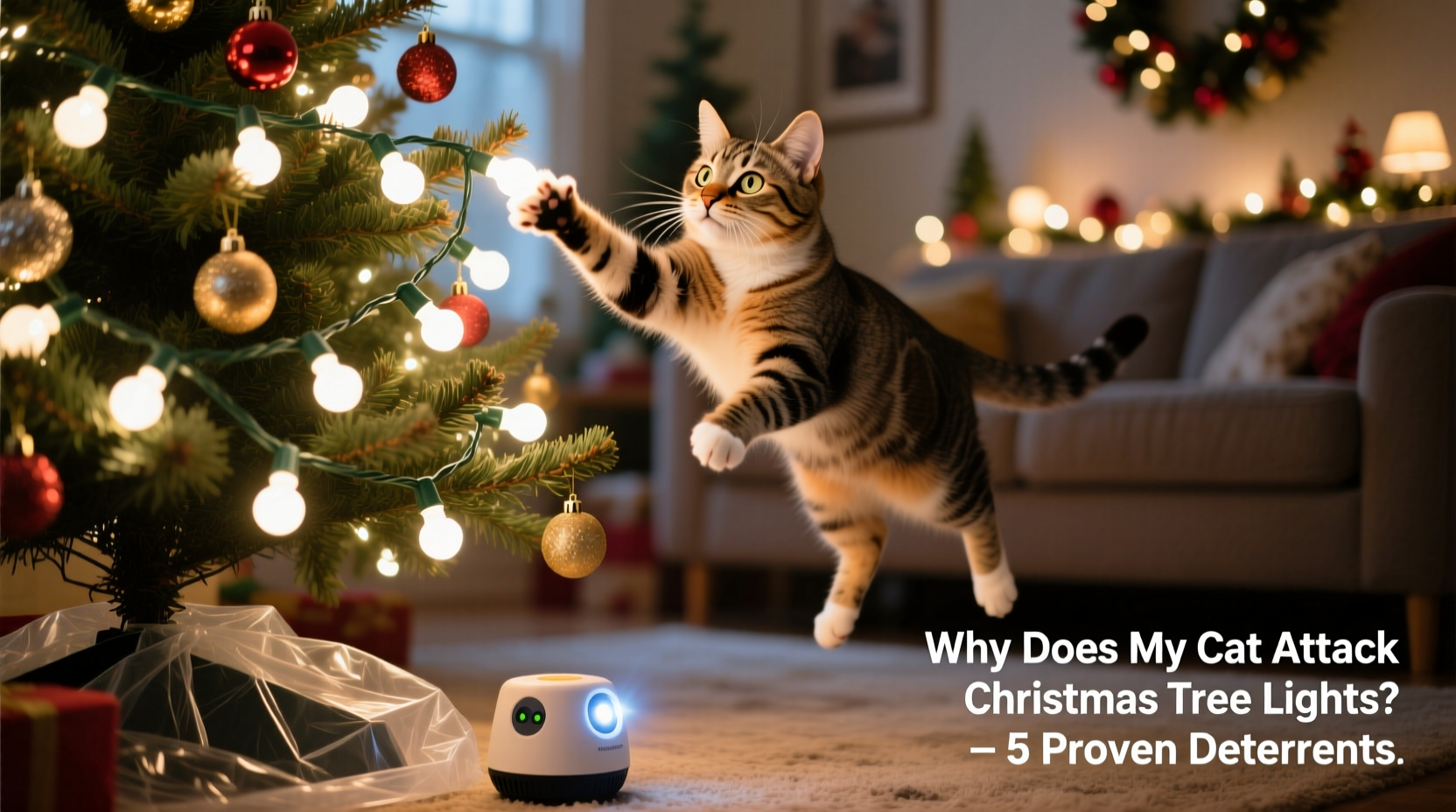 why does my cat attack christmas tree lights and how to deter it
