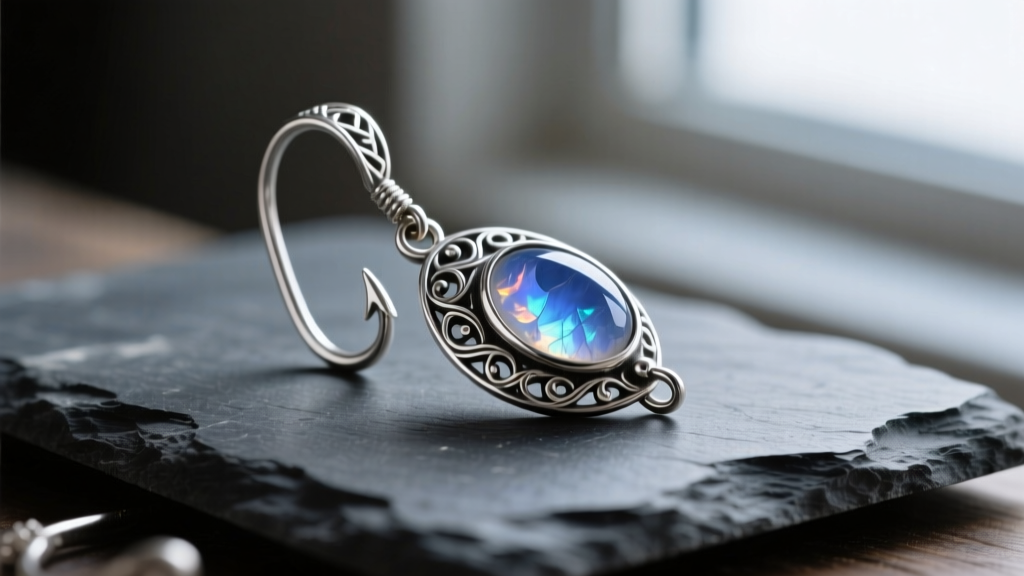 Close-up of a handcrafted sterling silver fishing hook earring with a glowing moonstone lure resting on a dark slate jeweler bench.