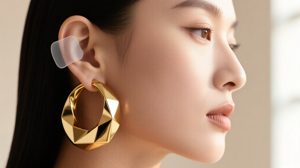 Large gold hoop on an ear, revealing a clear silicone patch behind the lobe to prevent heavy jewelry stretching and ear pain