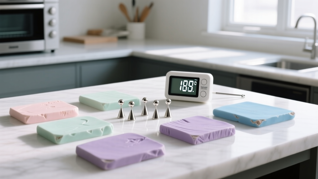 Pastel polymer clay slabs, 18-gauge titanium earring posts, and a digital oven thermometer resting on a clean crafting workspace