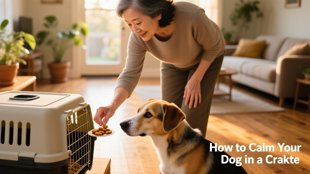 A person gently placing a treat inside a FurPetVo crate while their dog watches curiously, with a relaxed posture and soft eyes