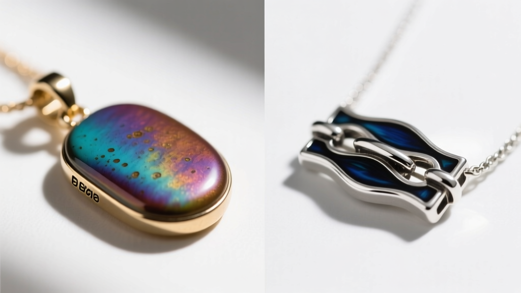 Side-by-side macro comparison of a soft enamel zinc alloy gaming pendant and a hard enamel sterling silver artisan necklace clasp.