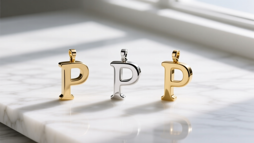 Flat lay of three letter P pendants in brass, sterling silver, and solid gold, arranged neatly on a white marble surface.