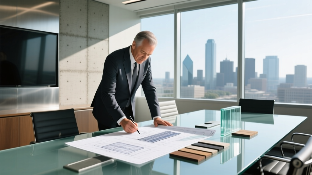Architect reviewing technical blueprints and material samples for a commercial building project in downtown Dallas under bright Texas sunlight
