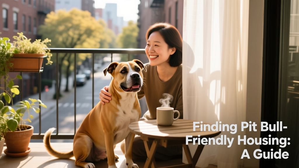 A joyful Pit Bull sitting beside their owner on a sunlit apartment balcony, both smiling