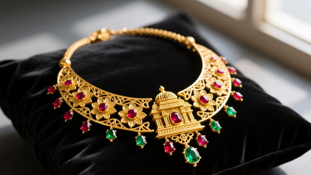 Vibrant 22k yellow gold Indian temple jewelry necklace with intricate ruby and emerald cabochon accents resting on dark velvet