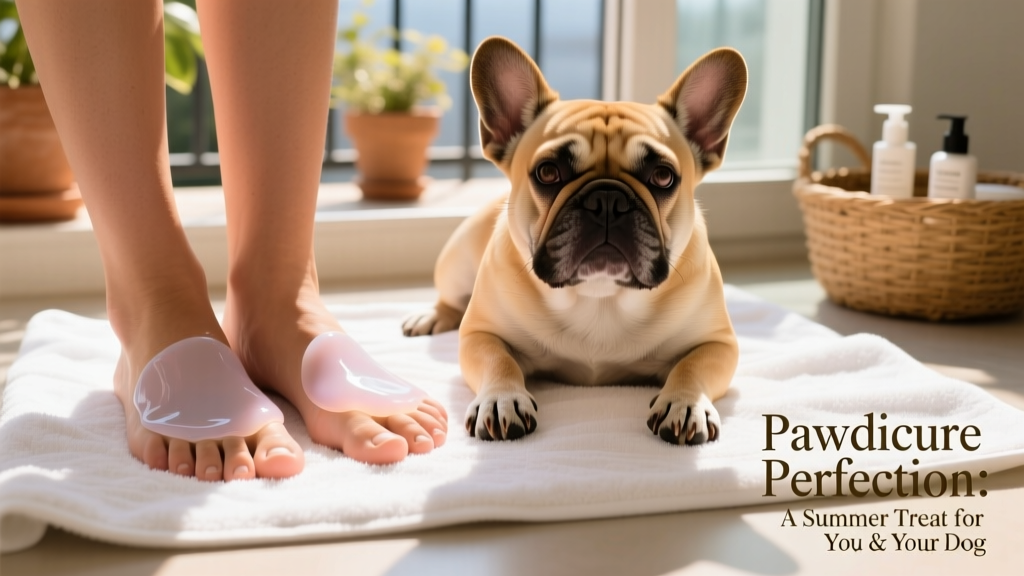 Close-up of a person’s bare feet and a French Bulldog’s paws side-by-side, both resting on a clean white towel