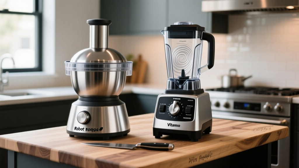 Robot Coupe food processor and Vitamix commercial blender resting on a butcher block kitchen prep counter in a restaurant