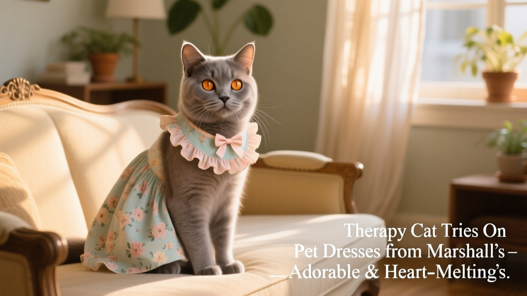 Therapy cat Summer wearing a pastel floral dress, sitting calmly on a sunlit sofa