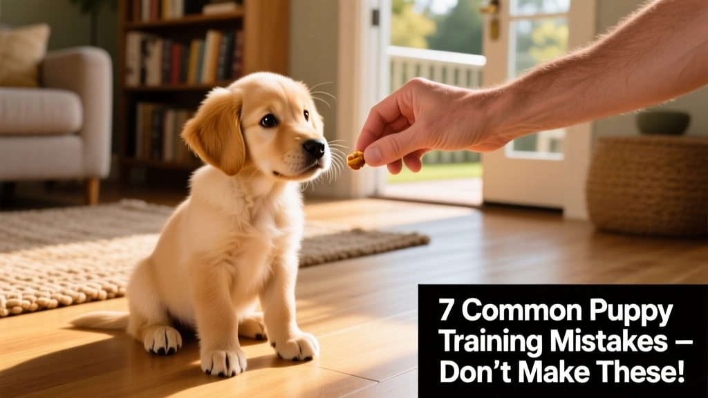 A curious 8-week-old puppy sitting attentively beside a gentle hand offering a treat