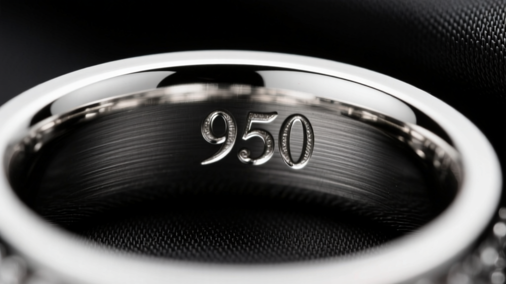 Extreme macro photo of a 950 Pt hallmark stamped inside a ring shank, showing sharp metal edges and tool marks under bright light.