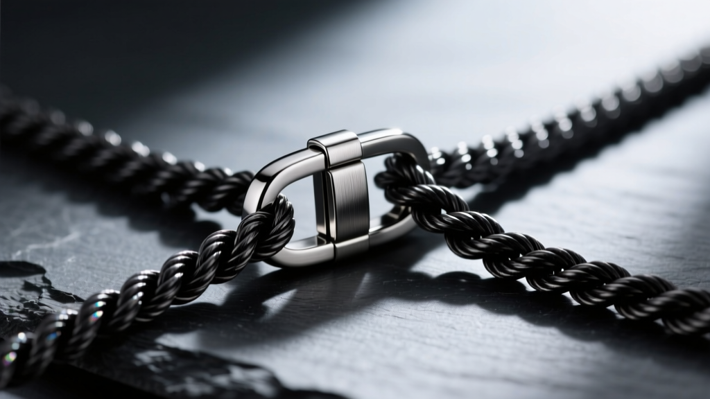 Macro shot of a brushed titanium magnetic clasp connecting a delicate blackened silver rope chain on a dark slate surface