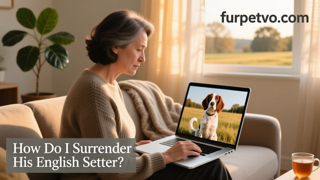 A person reviewing an adoption profile on a laptop labeled 'furpetvo.com', with a photo of an English Setter visible on screen