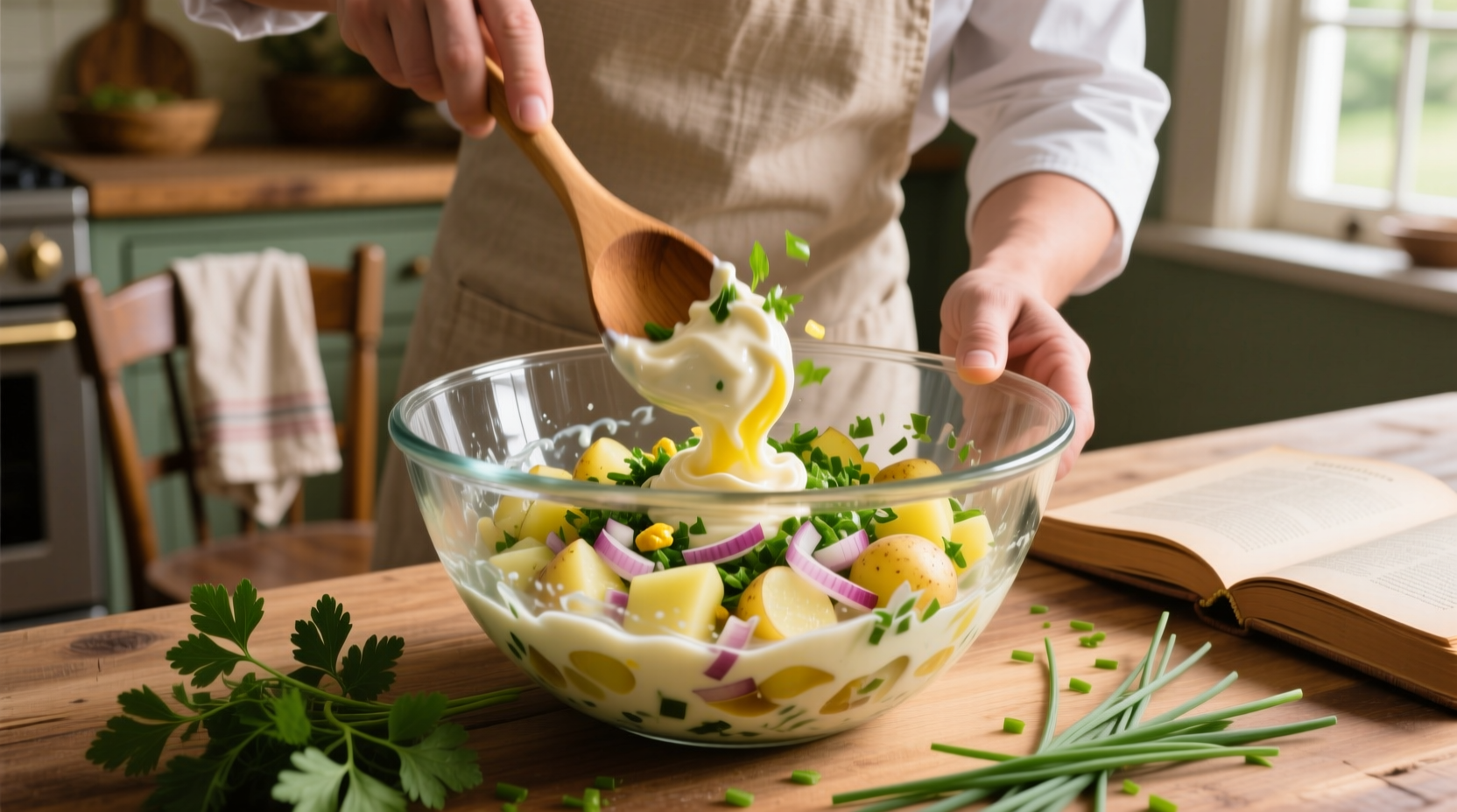 Chef preparing potato salad dressing in glass bowl