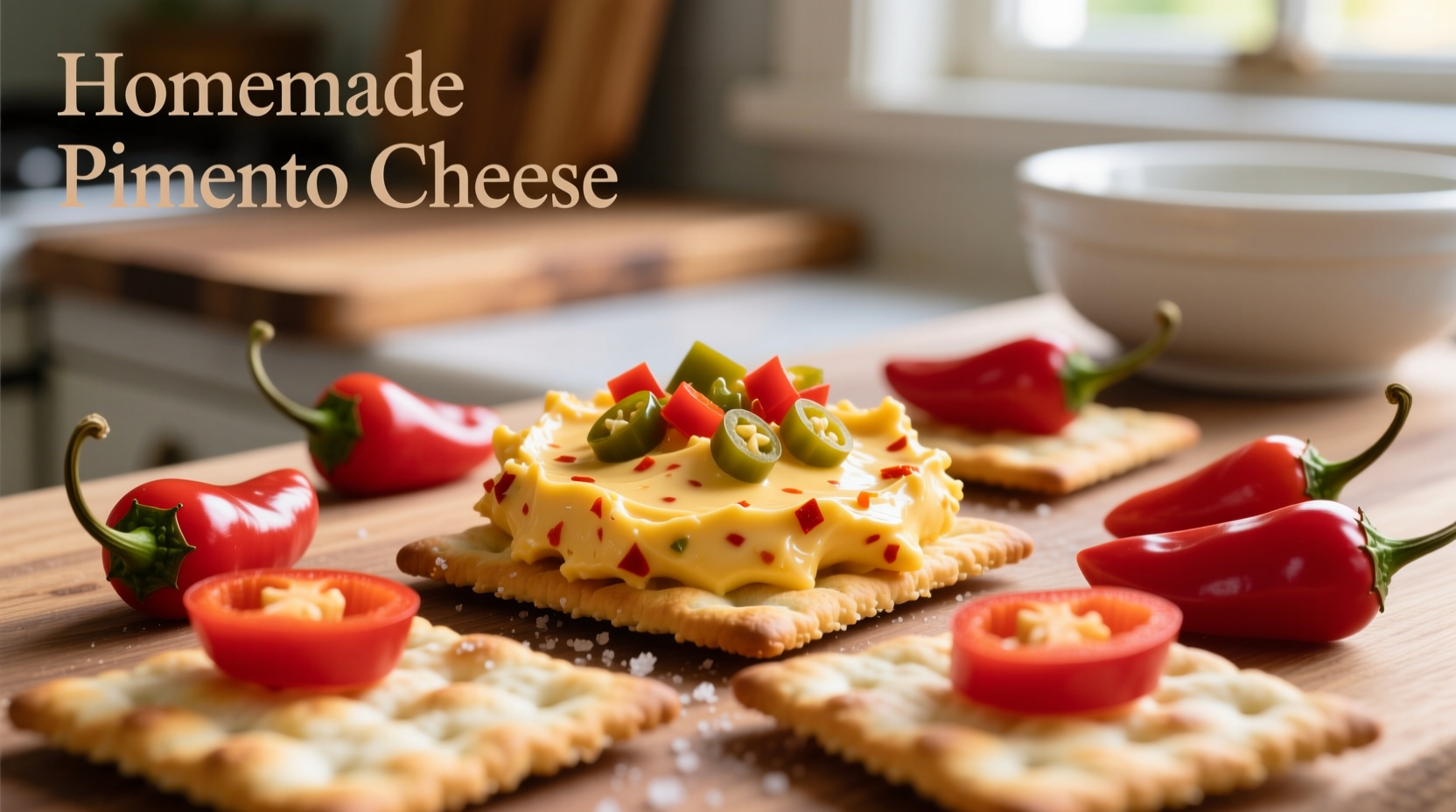 Homemade pimento cheese spread on crackers with fresh pimentos