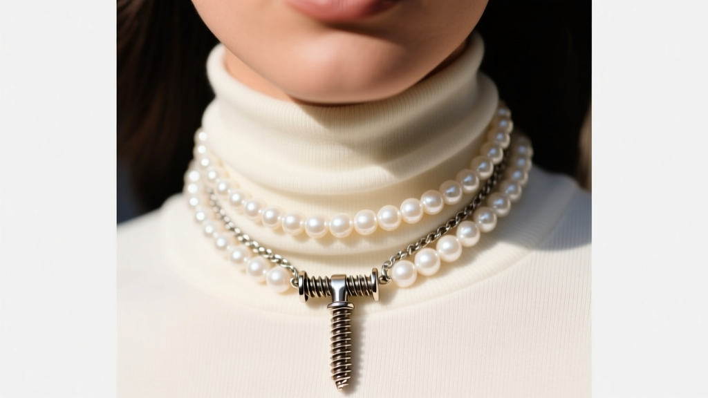 Street style photo of a layered Chicago screw pendant necklace mixed with a delicate freshwater pearl choker on a turtleneck