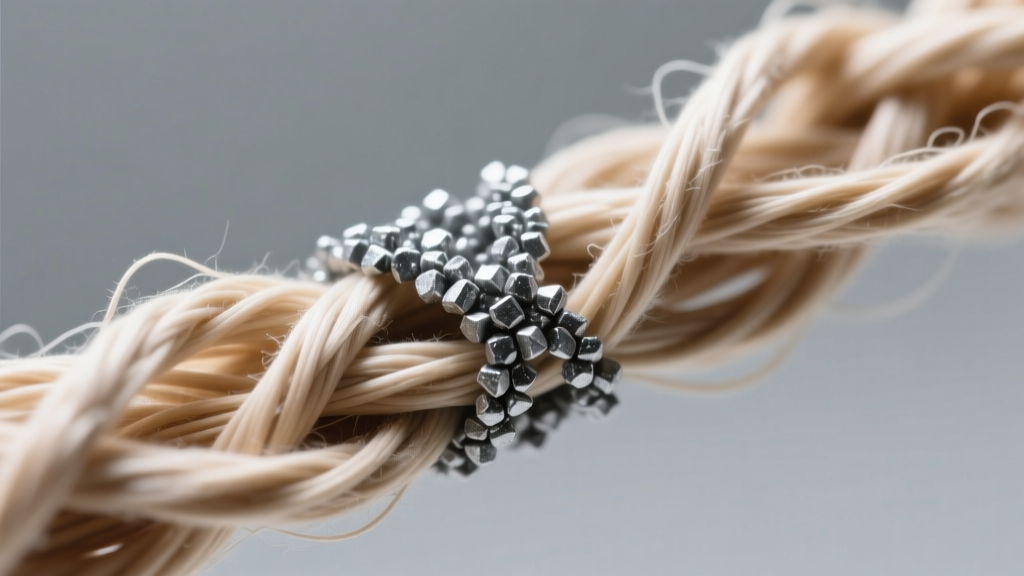 Extreme macro photography of woven cotton fibers embedded with microscopic dull-gray zinc particles under harsh laboratory lights