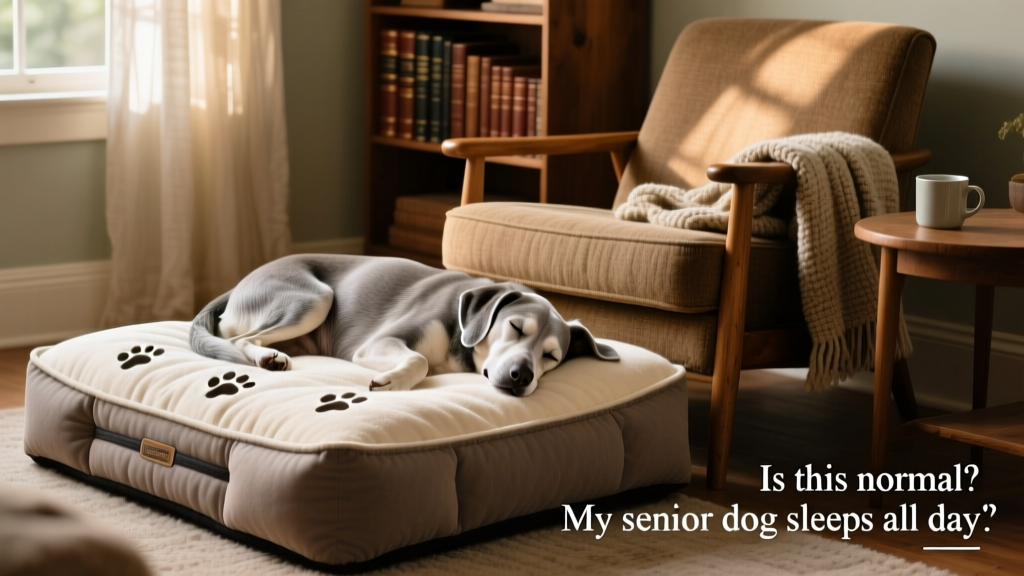 Close-up of an orthopedic dog bed with memory foam base and soft plush cover, placed beside a cozy armchair in a calm, low-traffic area