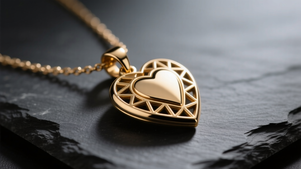 Close-up of a brass Shadowheart Shar pendant necklace on dark slate, illuminated by soft directional light showing metallic texture