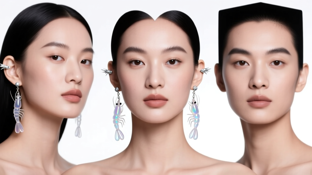 Three face shapes styled with tiny silver shrimp studs and long clear resin shrimp drop earrings under soft studio lighting.