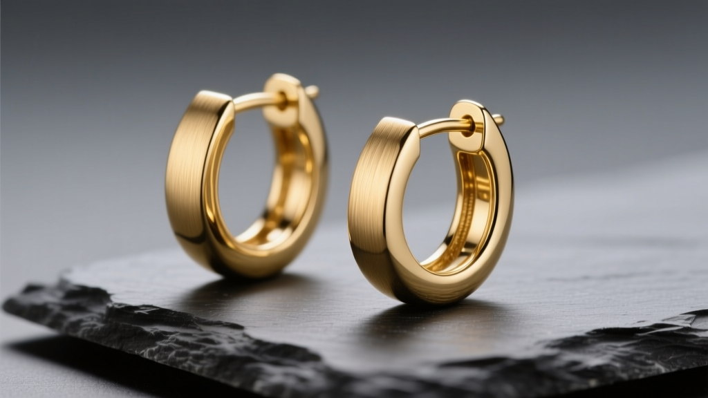 Elegant 14k solid gold huggie earrings with a brushed matte finish on dark slate, soft directional lighting