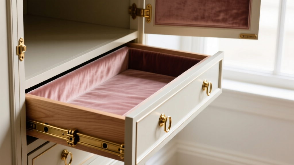 Close-up of open vintage armoire drawer showing acid-free blush velvet lining, dovetail joinery, and specialized ring rolls