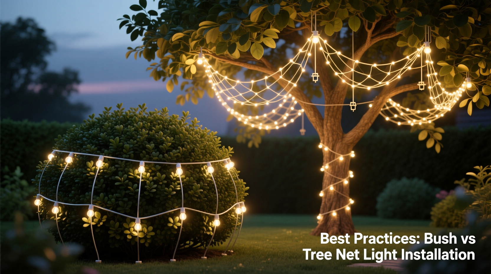best practices for hanging net lights on a bush vs a tree for full coverage