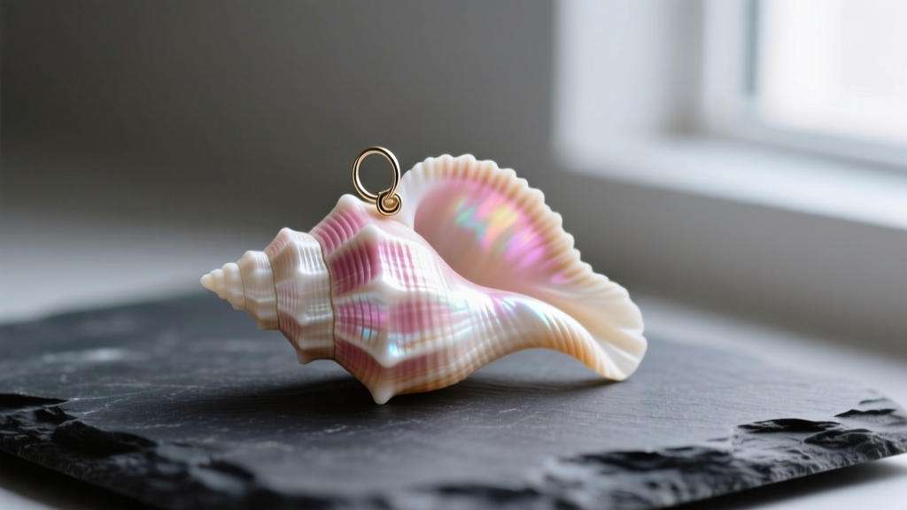 Macro shot of a hand-carved genuine conch shell earring on dark slate, showing pearlescent pink and white natural banding pattern.
